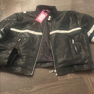 Men's Black Leather Jacket with White Stripes